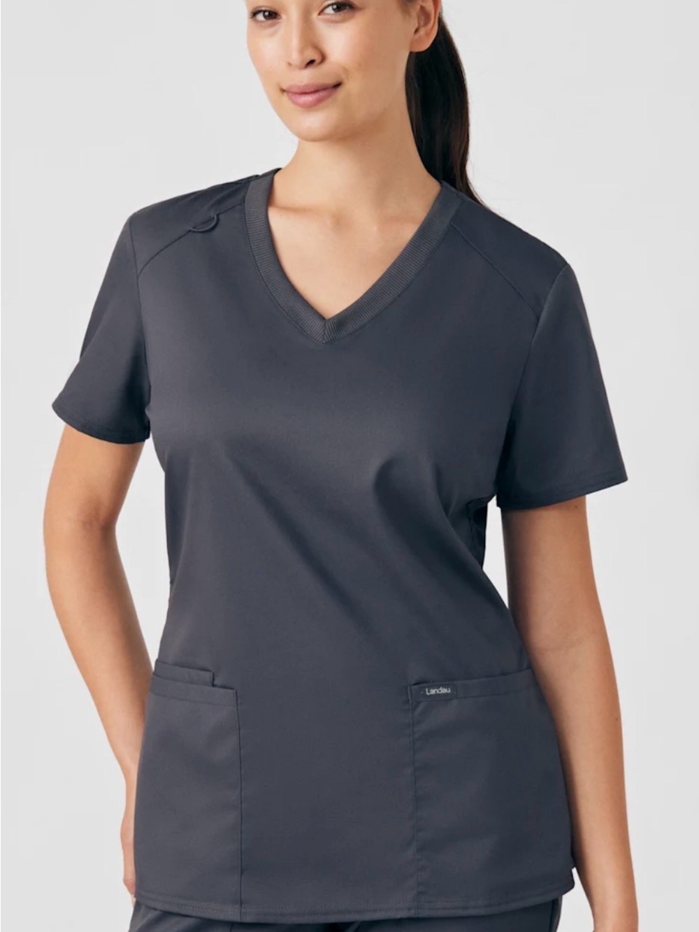 NWT Landau ProFlex 3-Pocket V-Neck Rib Knit Scrub Top Women S Graphite